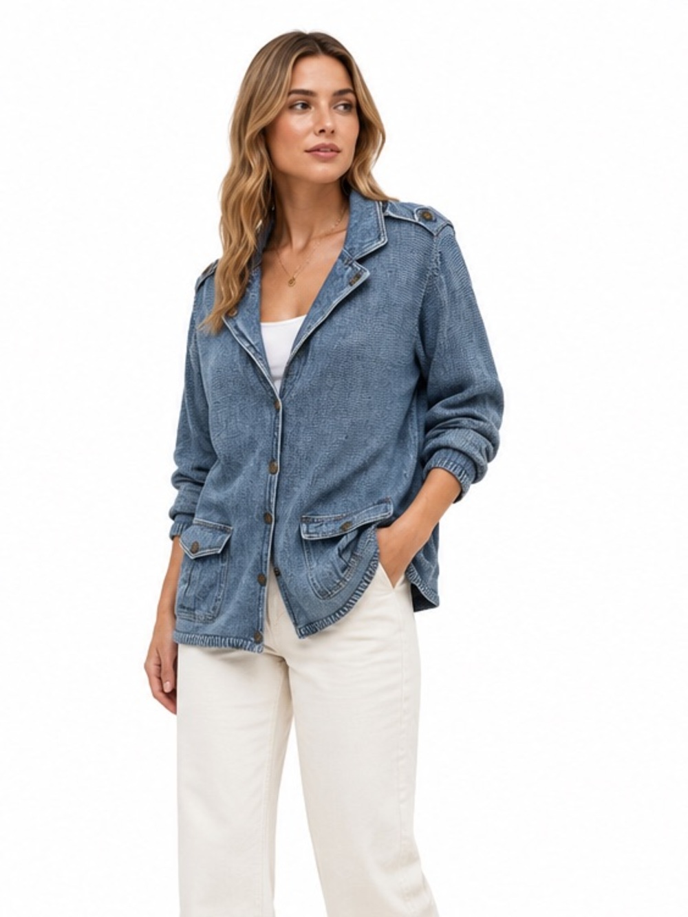 Vintage Y2K PBJ Blues Denim Knit Blazer Jacket XL Cotton Ramie Jean Cardigan